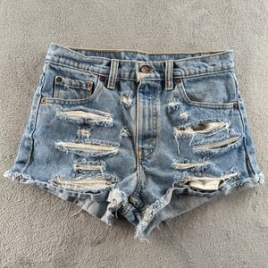 Vintage 90s Levis Shorts Womens 30 (Fits 28) Blue Distressed Cut Off Rip Trashed
